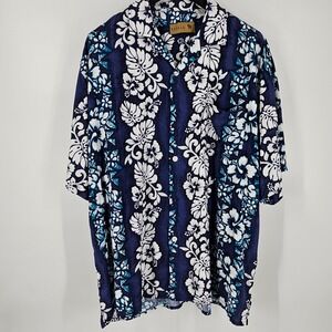 ROYALE Mens Blue White Tropical Hibiscus Floral Hawaiian Shirt XL Rayon